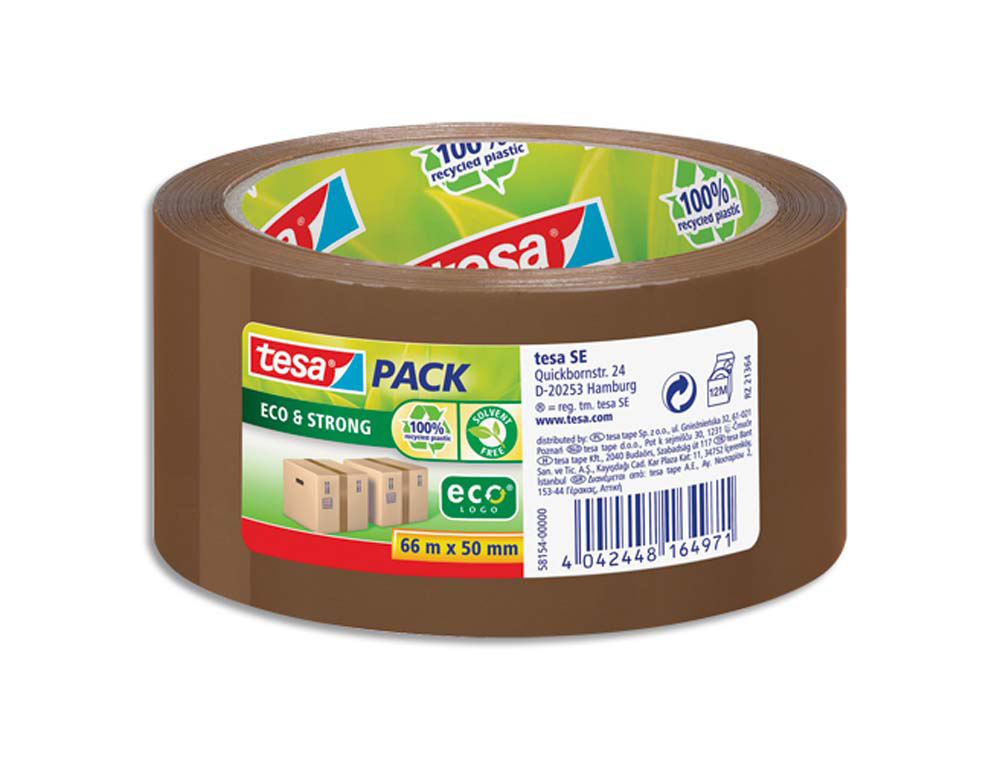Ruban adhésif tesapack eco&strong emballage polypropylène très solide 100% plastique recyclé 50mmx66m havane