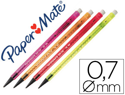 Porte-mine paper mate non stop néon 0.7mm corps plastique agrafe gomme avance mine rotation 3 mines hb coloris assortis