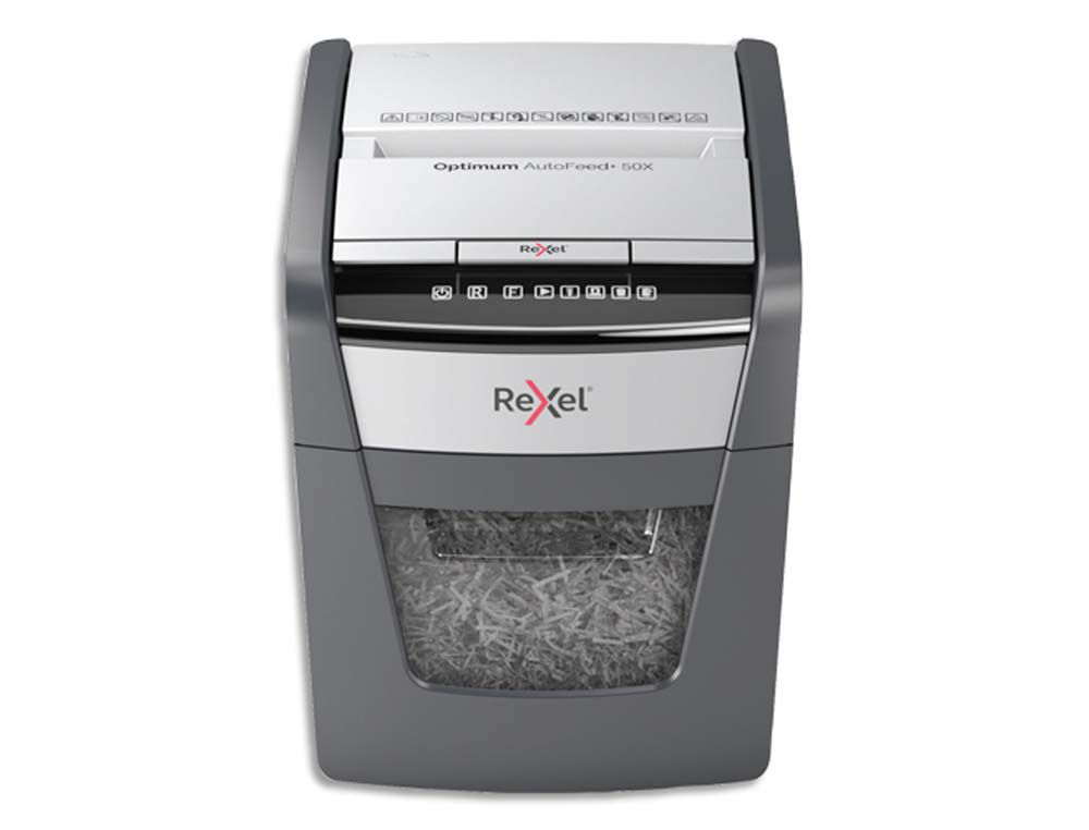 Destructeur rexel optimum autofeed+ 50x coupe croisee   4x28mm 50f cartes credit      trombones agrafes securite 4