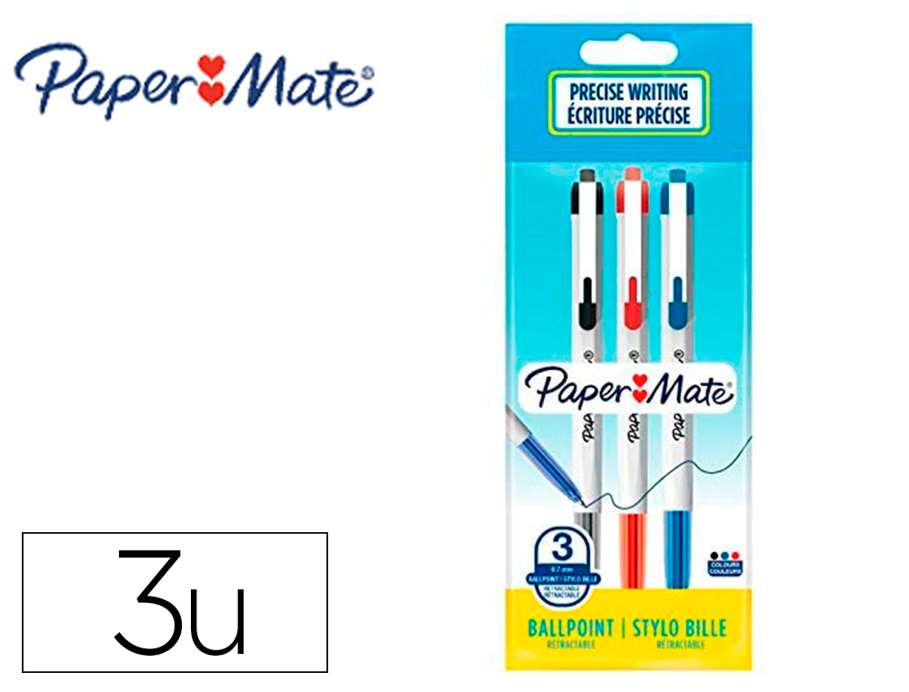 Stylo-bille paper mate 046 rt retractable pointe moyenne    0,7mm sachet 3 unites         assorties noir bleu rouge
