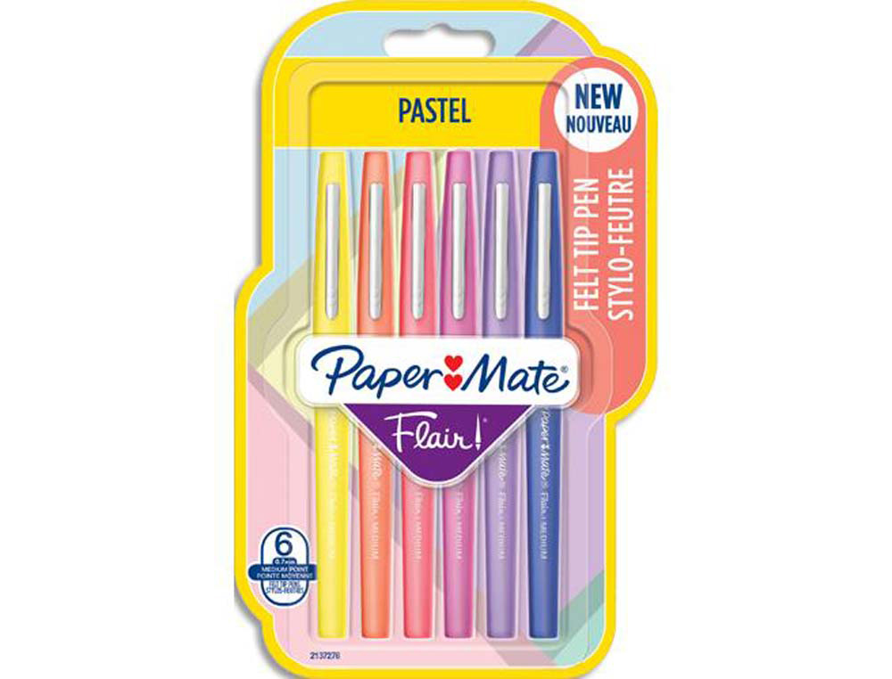 Feutre ecriture paper mate flair pastel pointe nylon     0,7mm bouchon ventile clip    metal blister 6 unites