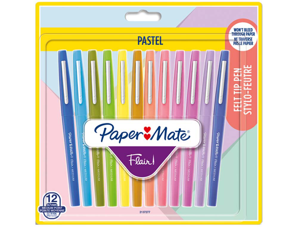 Feutre ecriture paper mate flair pastel pointe nylon     0,7mm bouchon ventile clip    metal blister 12 unites