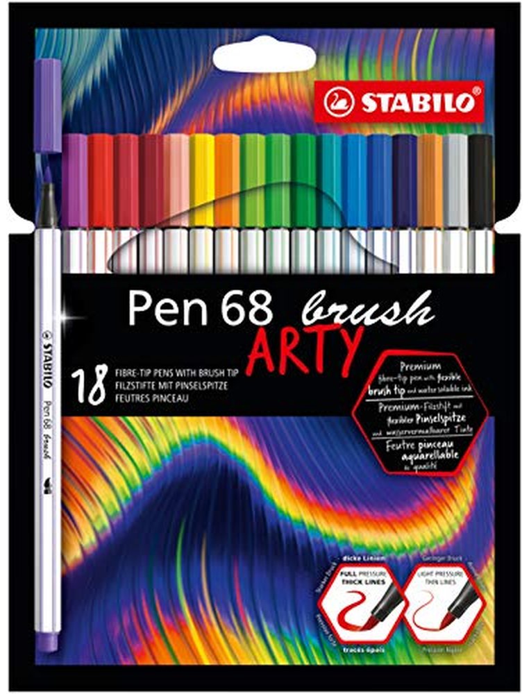 Feutre pinceau stabilo pen 68 brush arty aquarellable encre sans odeur riche en pigments  etui carton 18 unites