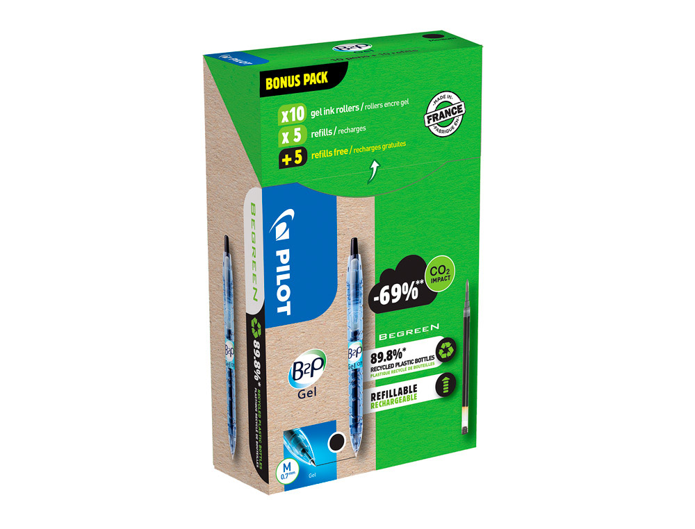 Pack pilot begreen b2p 10 rollers encre gel pointe moyenne + 10 recharges dont 5 offertes noir