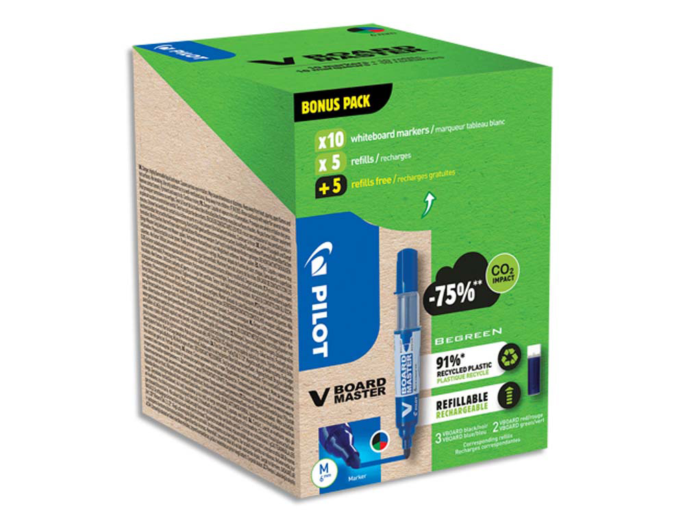 Pack pilot v-board master 10 marqueurs effacables a sec    pointe conique moyenne 10     recharges 5 offertes assortis