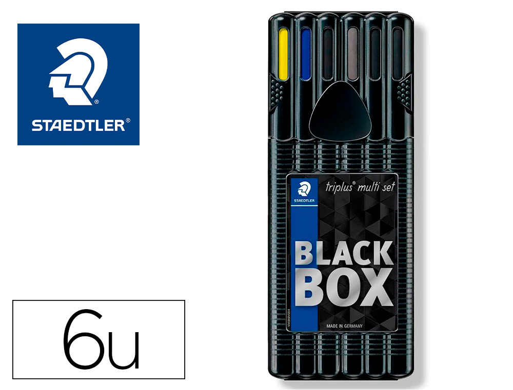 Etui staedtler triplus set 6 unites 2 feutres 1 bleu 1 noir 1 roller noir 1 stylo bleu 1 porte-mine hb et 1 surligneur