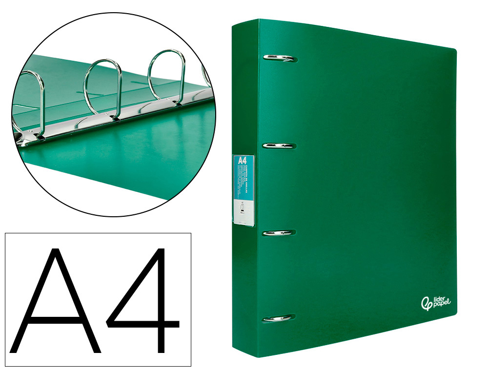 Classeur liderpapel 4 anneaux 40mm a4 polypropylene dos     55mm porte-cartes de visite   coloris vert translucide