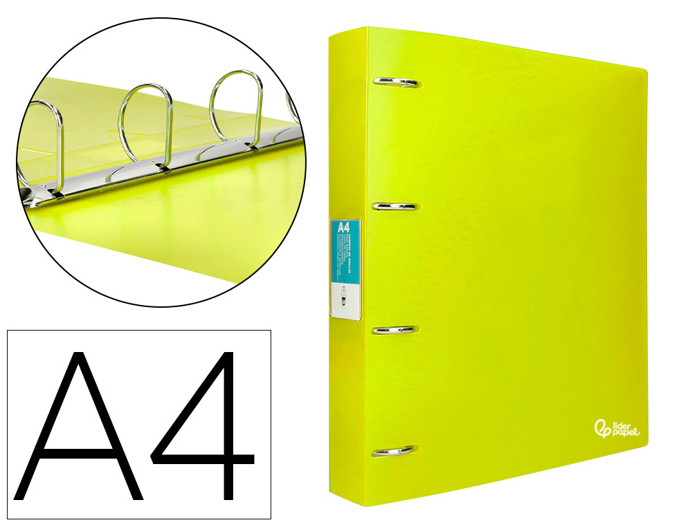 Classeur liderpapel 4 anneaux 40mm a4 polypropylene dos     55mm porte-cartes de visite   coloris jaune fluo