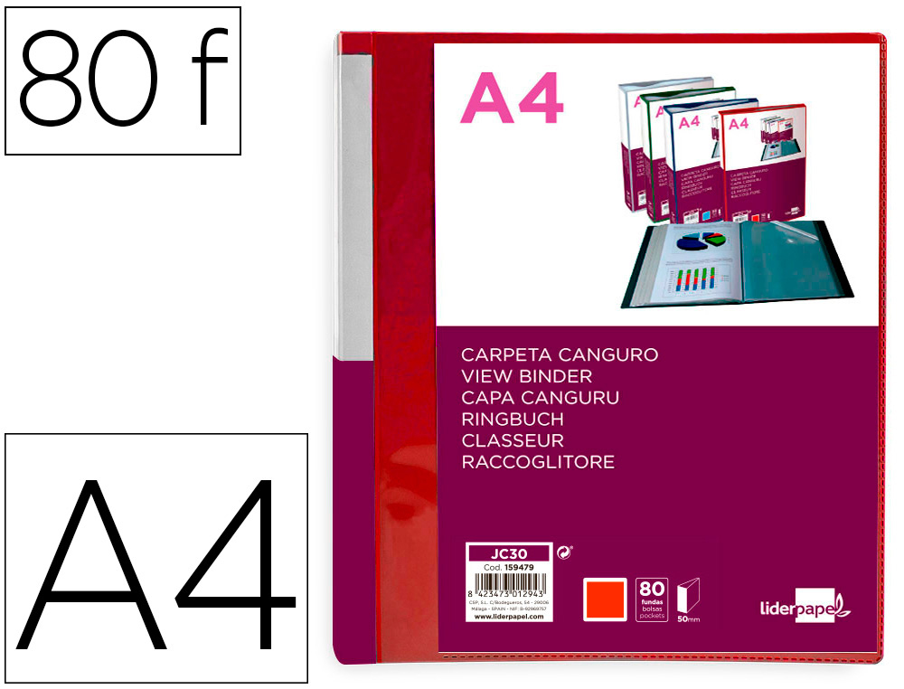 Protege-documents liderpapel personnalisable kangourou polypropylene 80 pochettes fixes a4 coloris rouge translucide