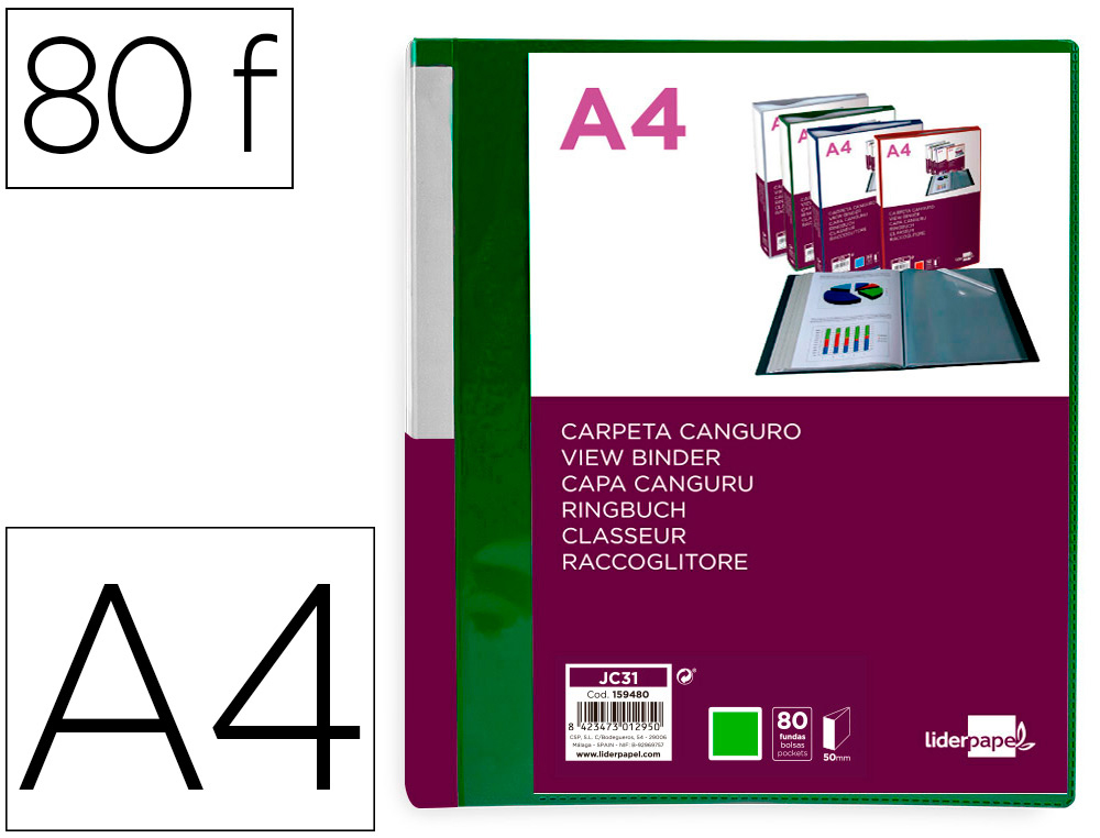 Protege-documents liderpapel personnalisable kangourou     polypropylene 80 pochettes    fixes a4 coloris vert