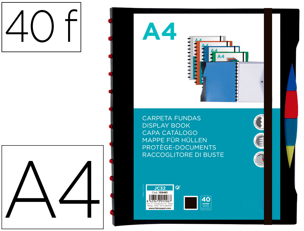 Protege-documents liderpapel personnalisable kangourou 40  pochettes amovibles 5         intercalaires a4 coloris noir