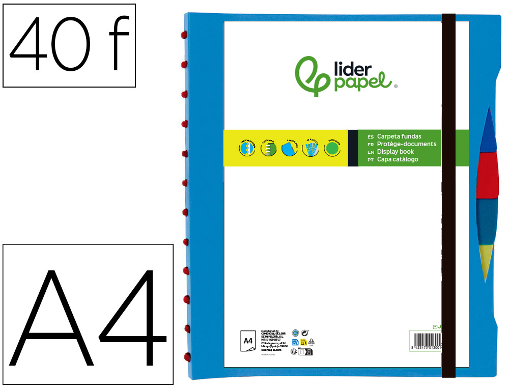 Protege-documents liderpapel personnalisable kangourou 40  pochettes amovibles 5         intercalaires a4 bleu
