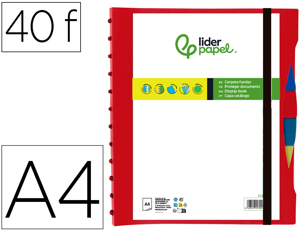 Protege-documents liderpapel personnalisable kangourou 40  pochettes amovibles 5         intercalaires a4 rouge