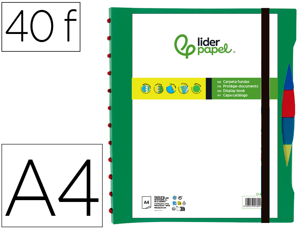 Protege-documents liderpapel personnalisable kangourou 40  pochettes amovibles 5         intercalaires a4 vert