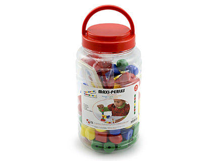 Perle maxi oz international 3 formes 4 coloris contient 75 perles 6 lacets 65cm 1 abaque 16 fiches activité dès 2 ans