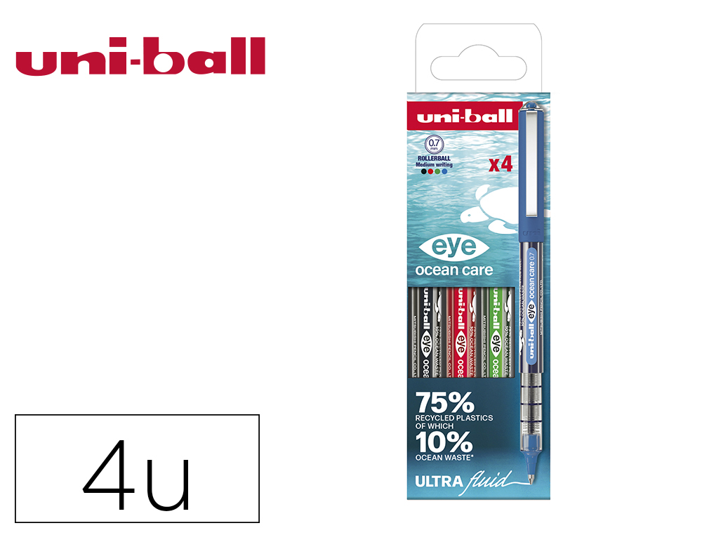 Roller uniball ocean care ecriture moyenne pointe 0,7mm encre liquide coloris         assortis pochette 4 unites