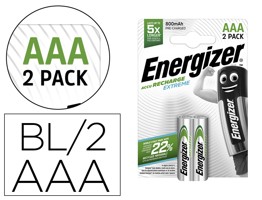 Pile energizer rechargeable extrême hr3 aaa 800 blister 2 unités