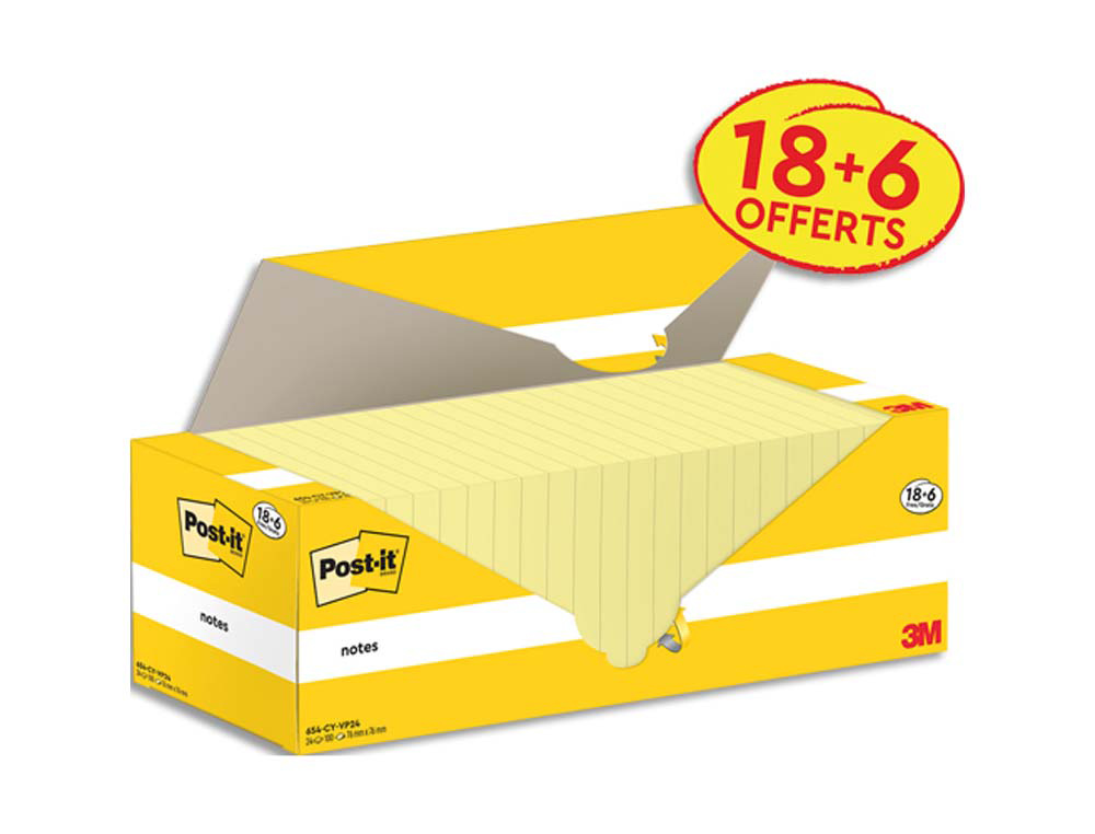 Bloc-notes post-it 76x76mm 100f repositionnables coloris jaune boite 24 blocs (18+6    gratuits)    7100319213