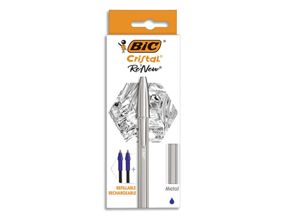 Stylo-bille bic crystal renew corps metal argent capuchon   pointe moyenne 1mm rechargeable + 2 recharges bleu