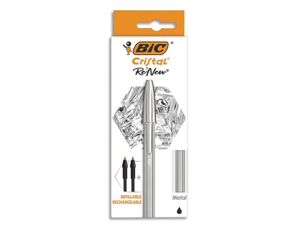 Stylo-bille bic crystal renew corps metal argent capuchon   pointe moyenne 1mm rechargeable + 2 recharges noir