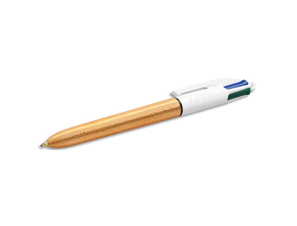Stylo-bille bic 4 couleurs festif retractable            rechargeable pointe moyenne   1mm corps large blanc/dore