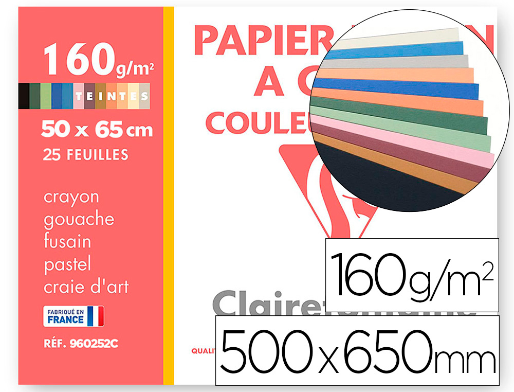 Papier dessin clairefontaine a grain 160g 1 surface        grainee 1 lisse 50x65cm       paquet 24f coloris pastel 24