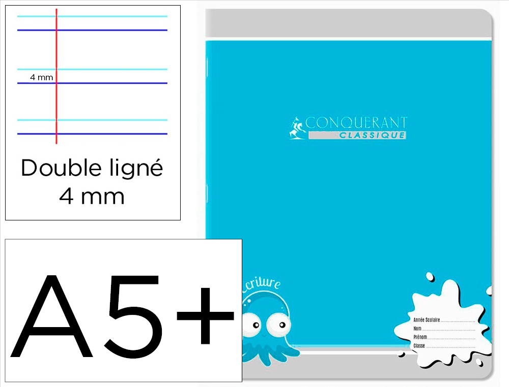 Cahier travaux pratiques conquerant agrafe couverture  carte 17x22cm 32 pages unies  double ligne 4mm 90g