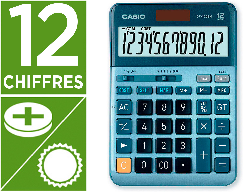 Calculatrice casio bureau 4 operations calcul taxe        pourcentage correction rapide boitier couleur bleu