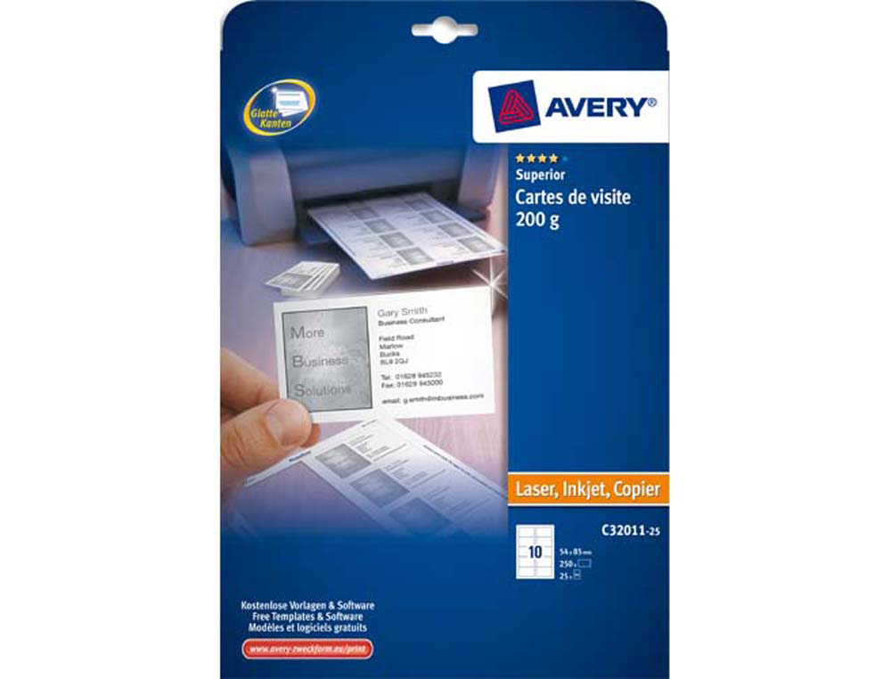 Carte de visite avery superieure jet encre et laser 200g lot 250 cartes