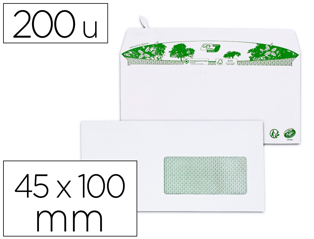 Enveloppe gpv dl bande de protection 80g recycles        blanche boite de 200         fenetre 45x100mm
