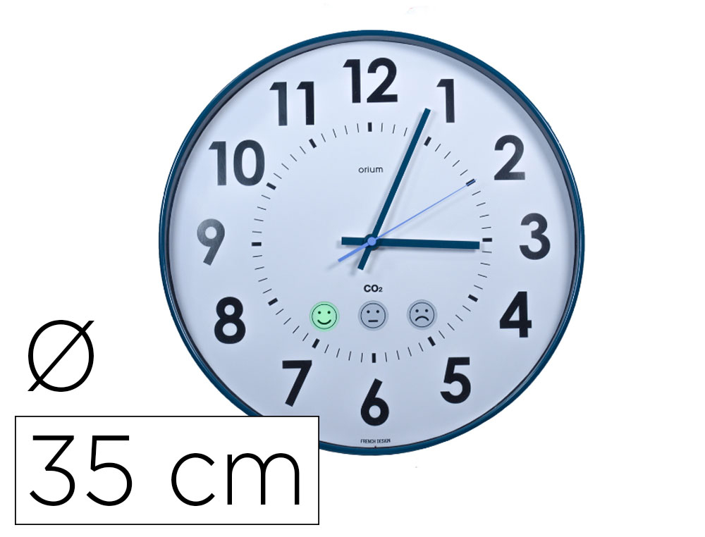 Horloge co2 cep diametre 35cm affiche heure format          analogique et niveau qualite  air coloris blanc et bleu