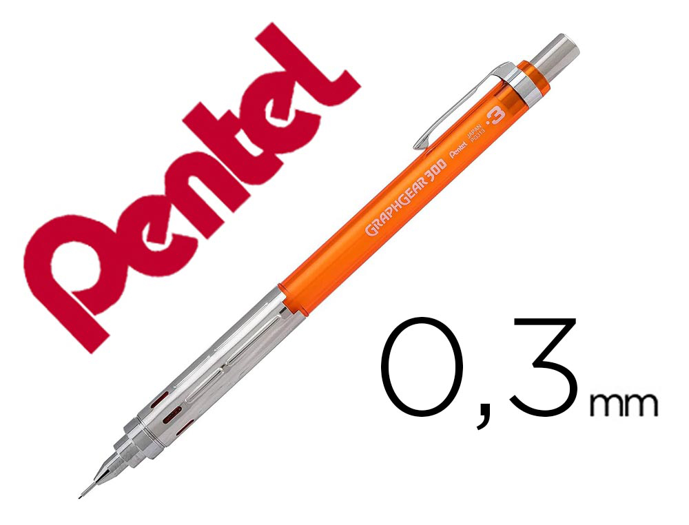 Porte-mines pentel graphgear 300 canon fixe 4mm mine 0,3mm grip metal gomme avec capuchoncorps metal coloris orange