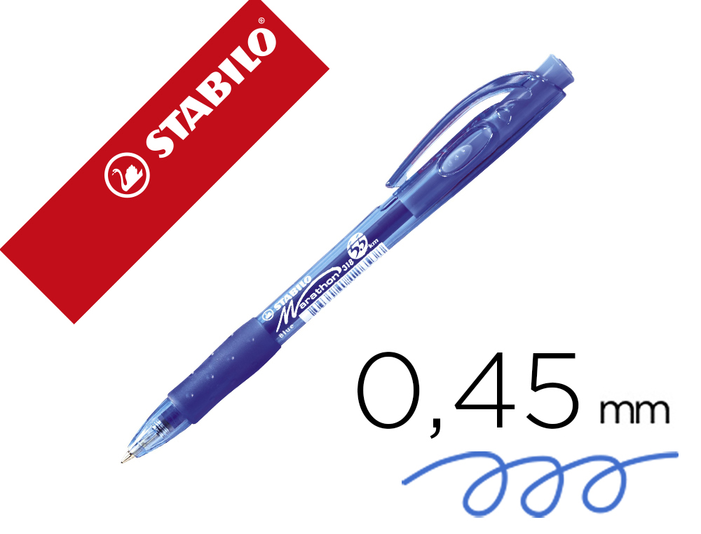 Stylo-bille stabilo marathon retractable autonomie xxl 5,5kmrechargeable pointe moyenne grip antiderapant coloris bleu