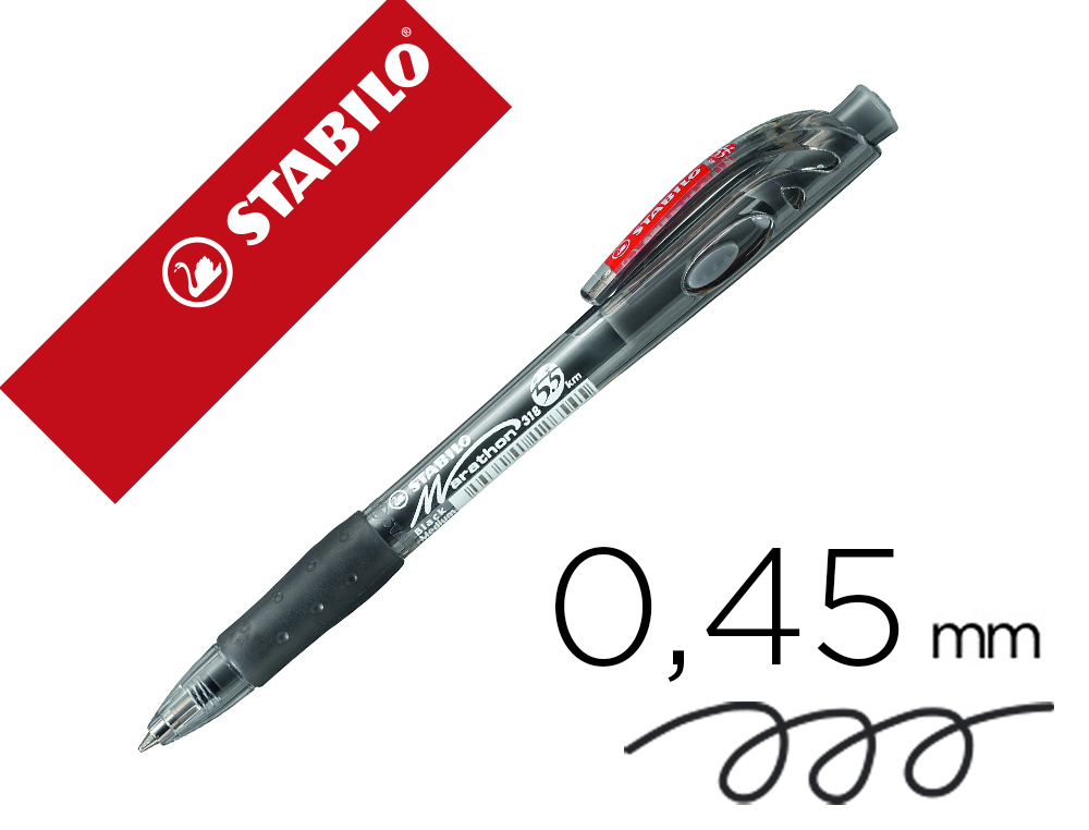 Stylo-bille stabilo marathon retractable autonomie xxl 5,5kmrechargeable pointe moyenne grip antiderapant coloris noir