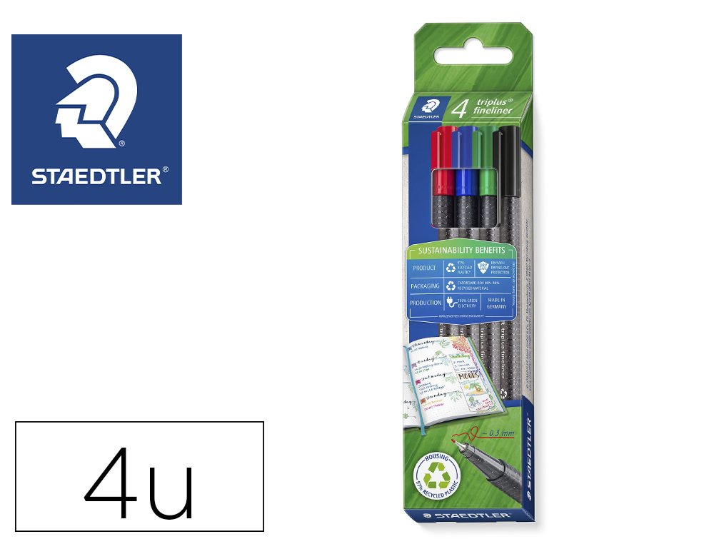 Feutre staedtler triplus fineliner 334 r pointe extra  fine 0,3mm ergonomique        coloris assortis etui 4 unites