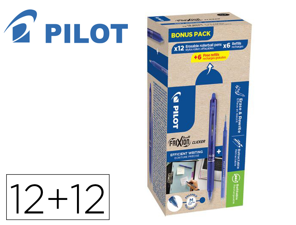 Stylo pilot frixion ball clicker retractable pointe    0,7mm bonus pack 12 rollers + 12 recharges coloris bleu