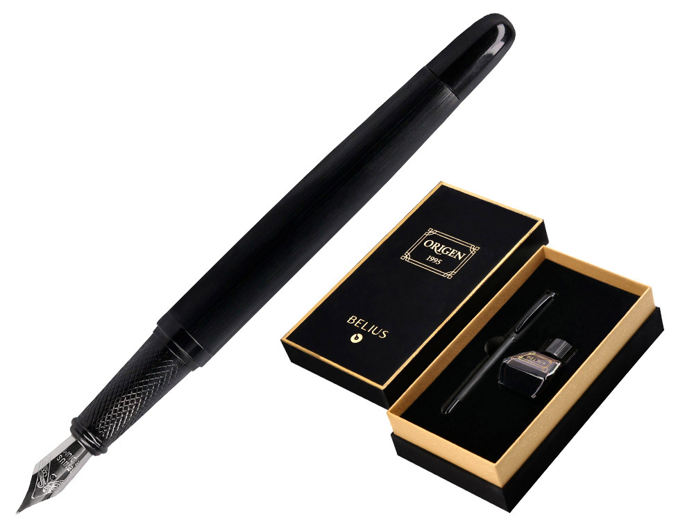 Stylo-plume et flacon d'encre belius origen aluminium       brosse encre noire coloris    noir dans coffret cadeau