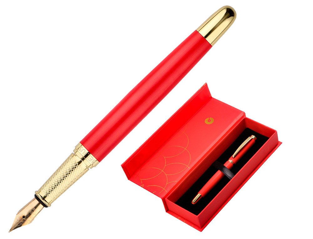 Stylo-plume belius passion aluminium brosse attributs or encre bleue coloris rouge     dans coffret cadeau