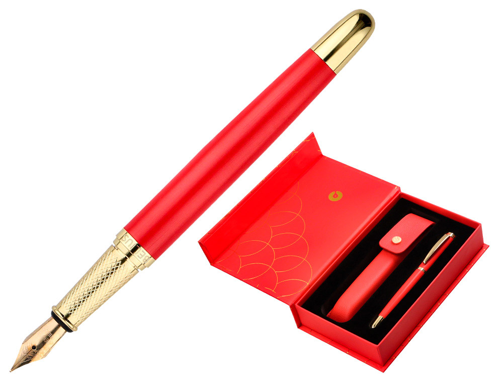 Stylo-plume et etui en simili cuir belius passion aluminium brosse attributs or encre bleue coloris rouge coffret cadeau