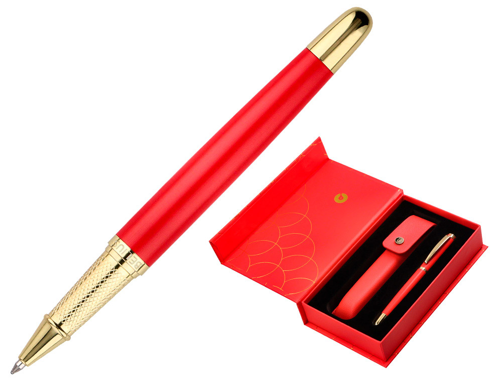 Stylo-bille et etui en simili cuir belius passion aluminium brosse attributs or encre bleue coloris rouge coffret cadeau