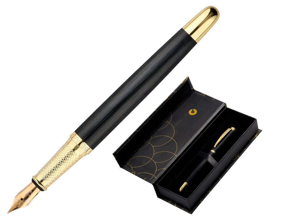 Stylo-plume belius passion aluminium brosse attributs or encre bleue coloris noir dans coffret cadeau