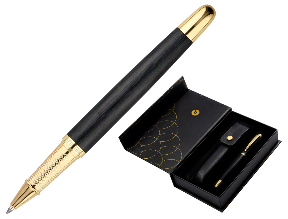 Stylo-bille et etui en simili cuir belius passion aluminium brosse attributs or encre bleue coloris noir coffret cadeau