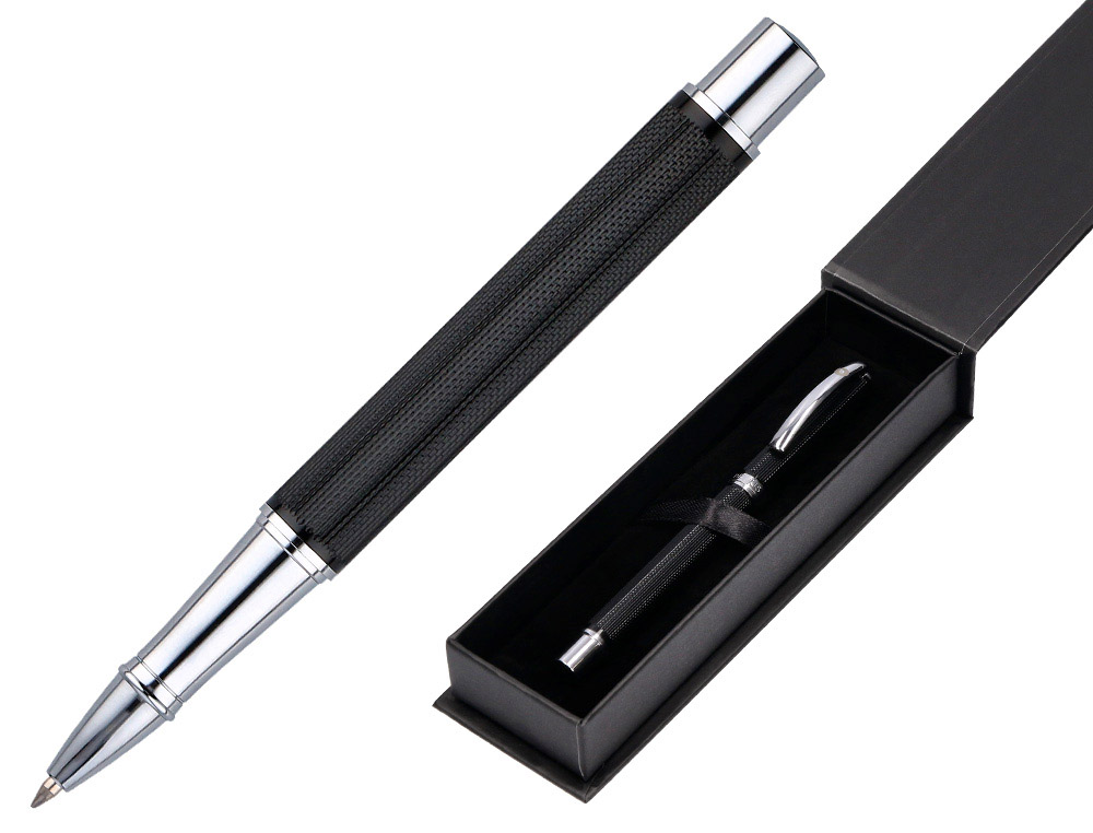 Roller belius turbo aluminium texture pointillee attributs  argent encre bleue coloris    noir dans coffret cadeau