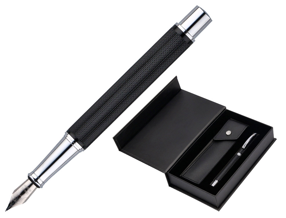 Stylo-plume etui simili cuir belius turbo alum. texture pointillee attributs argent encre bleue col. noir coffret cadeau