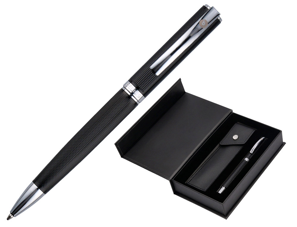 Stylo-bille etui simili cuir belius turbo alum. texture pointillee attributs argent encre bleue col. noir coffret cadeau