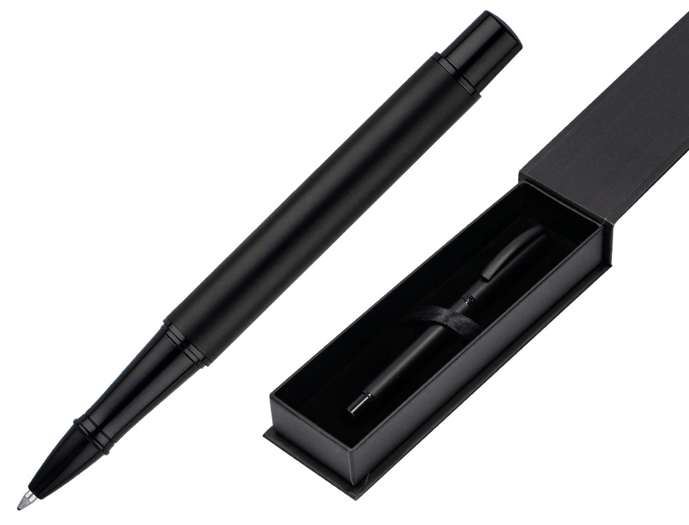 Roller belius turbo monochrome aluminium texture pointillee encre bleue coloris noir dans coffret cadeau