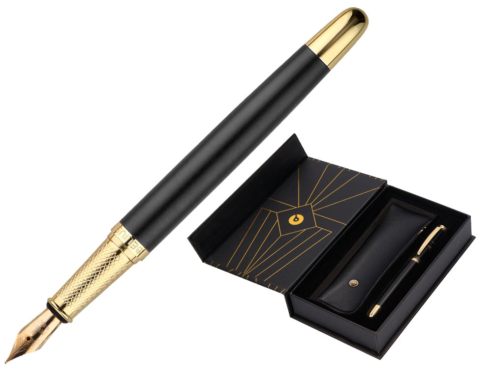 Stylo-plume et etui simili cuir belius soiree aluminium details et attributs or encre bleue coloris noir coffret cadeau