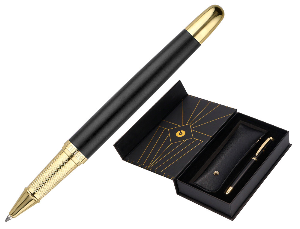 Stylo-bille et etui simili cuir belius soiree aluminium details et attributs or encre bleue coloris noir coffret cadeau