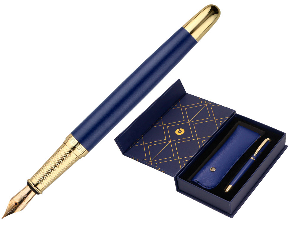 Stylo-plume et etui simili cuir belius soiree alum. details et attributs or encre bleue col. bleu marine coffret cadeau