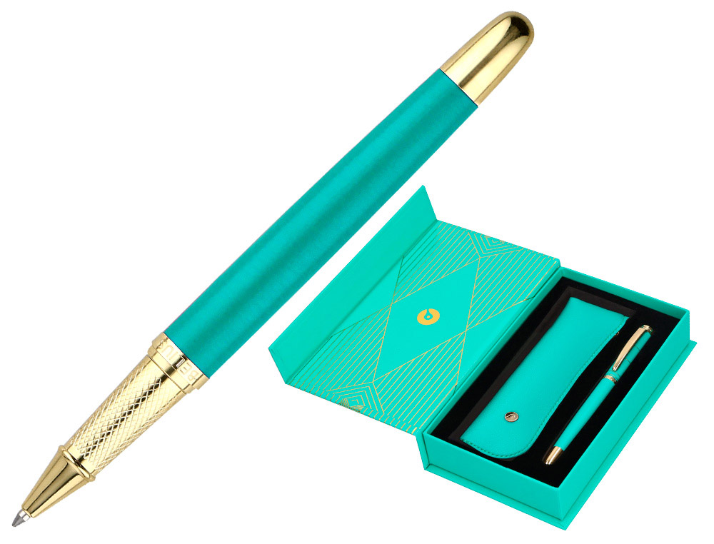 Stylo-bille et etui simili cuir belius soiree alum. details et attributs or encre bleue coloris turquoise coffret cadeau
